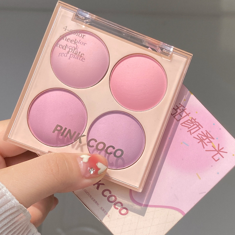 PINK COCO 四色腮红盘纯欲哑光自然党淡妆腮红提亮新手加粉扑