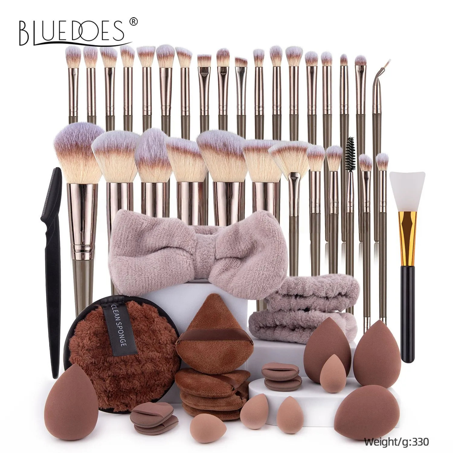 跨境化妆刷52件套大组合套装香槟色刷子美妆蛋粉扑化妆包发带