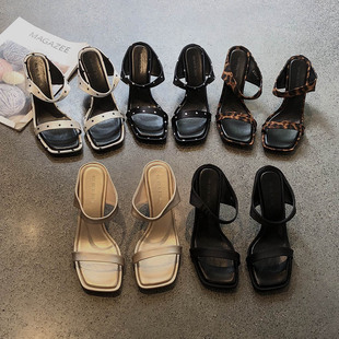 夏日新款网红性感波点高跟凉鞋外穿女欧美方头一字带细跟凉拖鞋