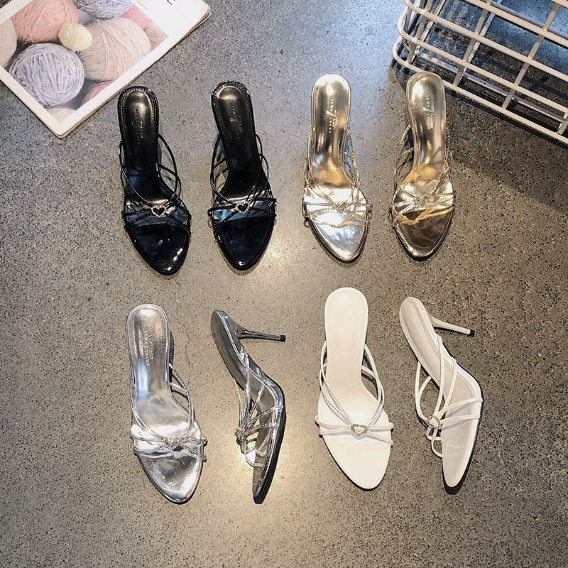 欧美风细带心形水钻露趾高跟鞋2025年夏季新款圆头交叉带细跟拖鞋,女鞋,一字拖,淘宝优惠券,粉丝福利购,淘宝优惠卷