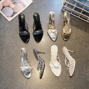 圆头交叉带细跟拖鞋 新款 2025年夏季 欧美风细带心形水钻露趾高跟鞋