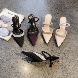 名媛风水钻带尖头高跟鞋2026年欧美新款绸缎面细跟一字包头半拖鞋