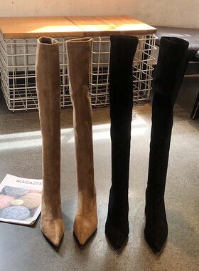 气质尖头绒面粗跟套筒过膝长靴