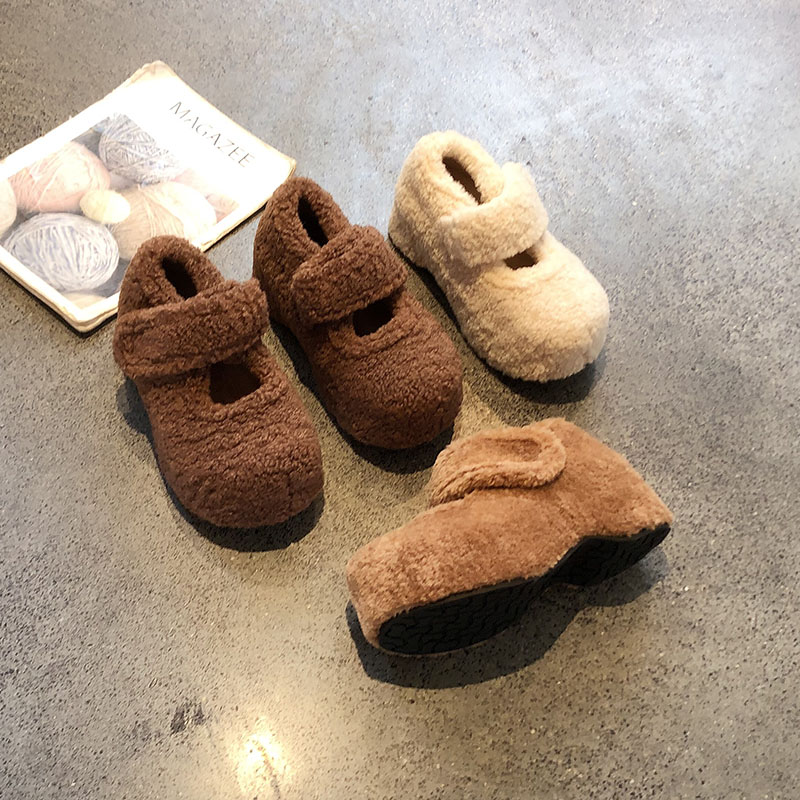 网红魔术贴厚底加绒玛丽珍鞋2025年新款圆头内增高保暖舒适毛毛鞋