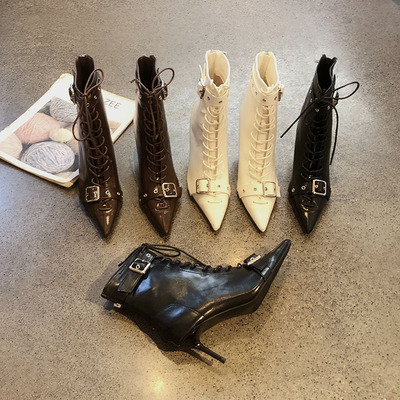 系带尖头高跟显瘦气质短靴皮带扣