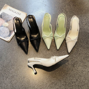 凉鞋 法式 2026夏季 尖头蝴蝶结浅口V口包头一字带高跟鞋 女 7CM细跟鞋