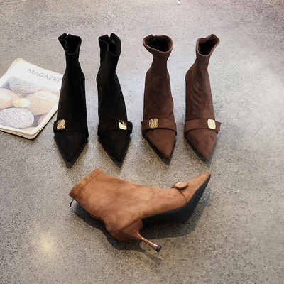 金属扣细跟瘦瘦靴尖头绒面短靴女