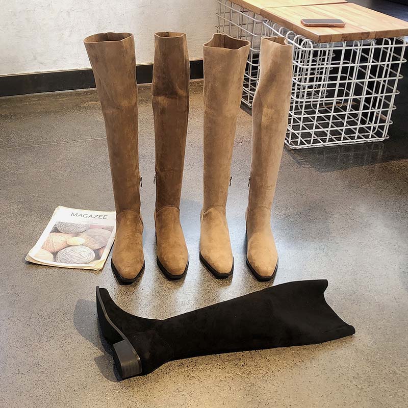 绒面方头侧拉链显瘦高筒过膝长靴