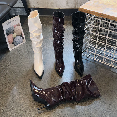 欧美风堆堆靴长靴细高跟漆皮褶皱