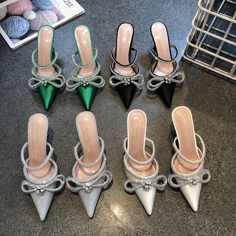 银色尖头气质高跟拖鞋女一字带2025年新款包头水钻蝴蝶结细跟凉鞋,女鞋,包头拖,淘宝优惠券,粉丝福利购,淘宝优惠卷