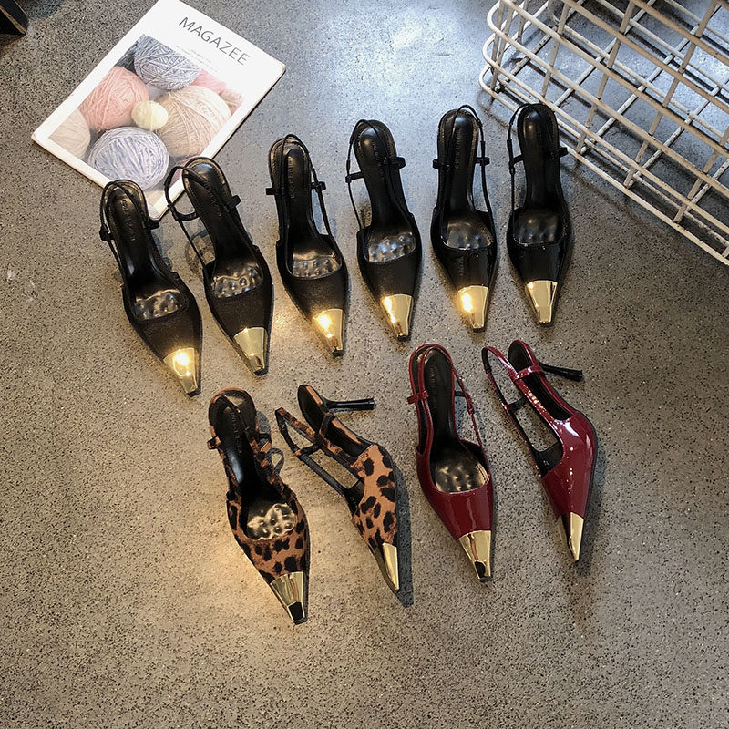 黑色细跟包头时装凉鞋女2025年新款金属小方头浅口气质名媛高跟鞋,女鞋,时装凉鞋,淘宝优惠券,粉丝福利购,淘宝优惠卷