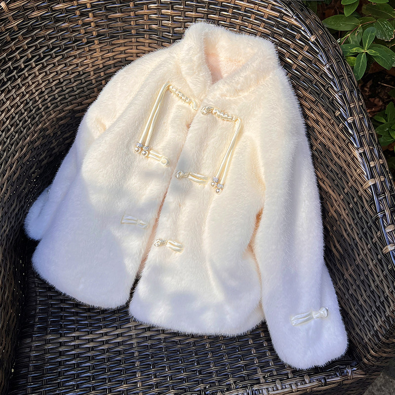 小女孩冬装款加绒外套女宝宝兔毛绒棉衣女童白色中国风棉袄毛毛衣