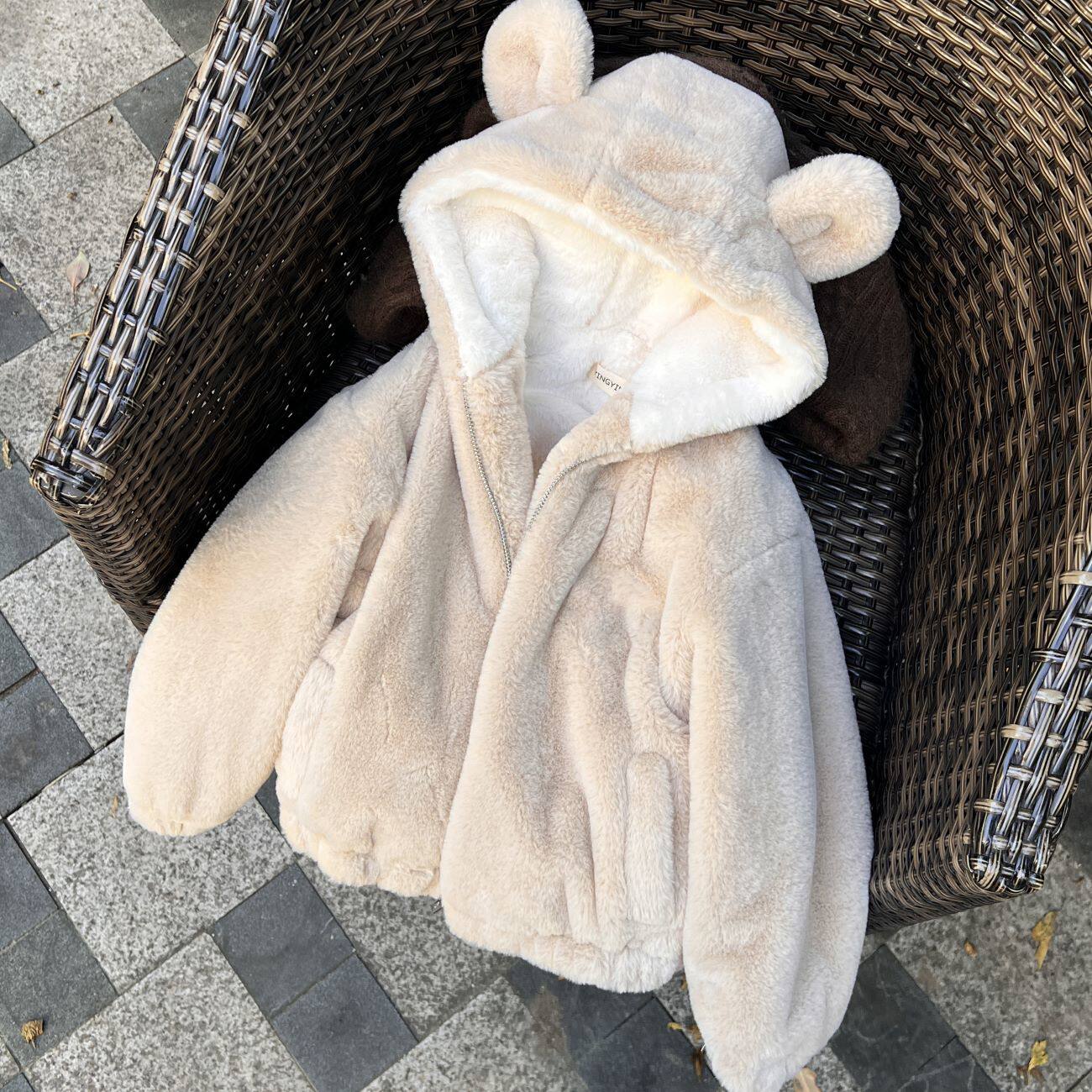 女宝宝棉袄儿童冬装兔毛外套女童毛毛衣男童棉衣中小童连帽棉服潮