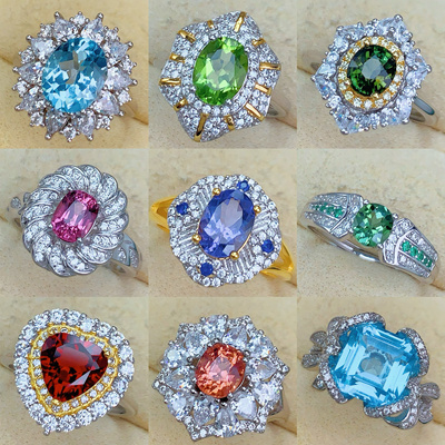 秒杀天然彩宝戒指时尚潮流微镶满钻红蓝宝绿尖晶复古指环沙佛莱