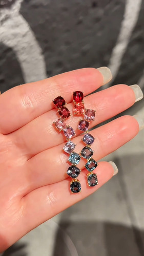 天然缅甸彩色尖晶石耳坠18k金镶嵌红紫金属灰全净玻璃体彩宝宝石