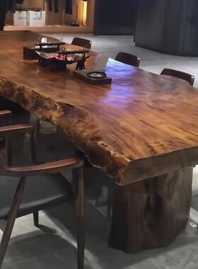 实木会议桌长桌原木整块茶桌侘寂风复古大板桌茶台洽谈工作台桌椅