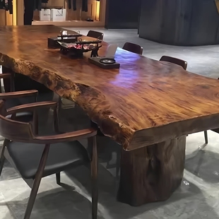实木会议桌长桌原木整块茶桌侘寂风复古大板桌茶台洽谈工作台桌椅