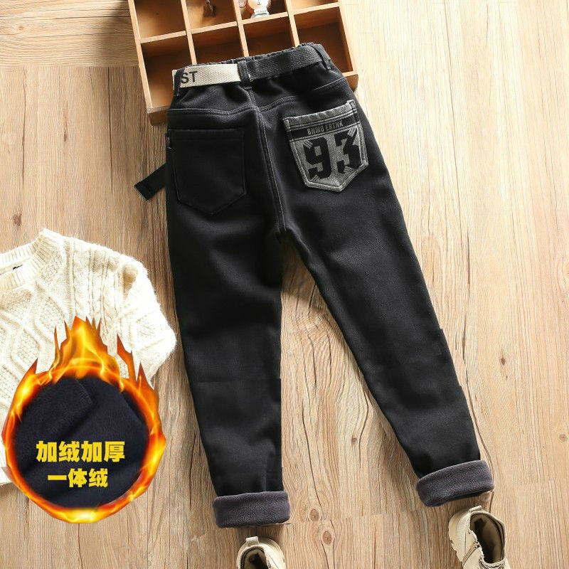 2025男童牛仔裤子弹力修身春秋冬加绒小中大童休闲小脚裤黑色瘦版