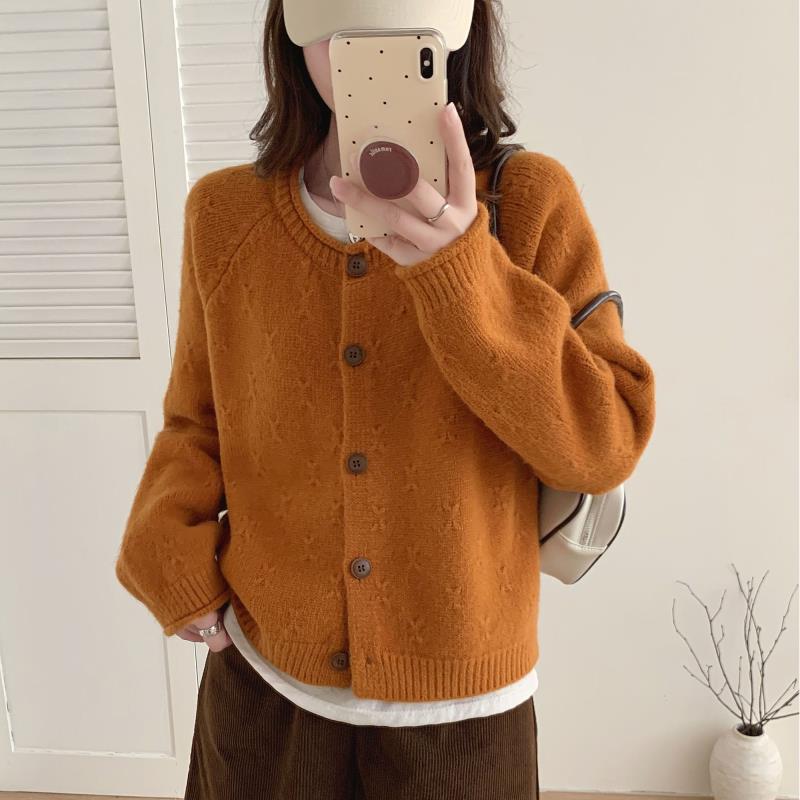 插肩袖复古卷边毛衣外套女宽松韩毛针织衫