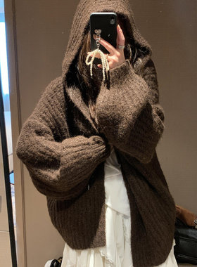 奶fufu灯笼袖连帽毛衣外套女新款宽松显瘦慵懒加厚羊毛针织开衫