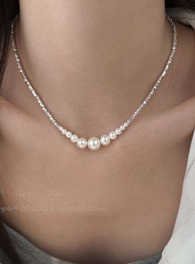 轻奢高级感满天星锁骨链施家渐变大小珍珠项链女ins网红气质百搭