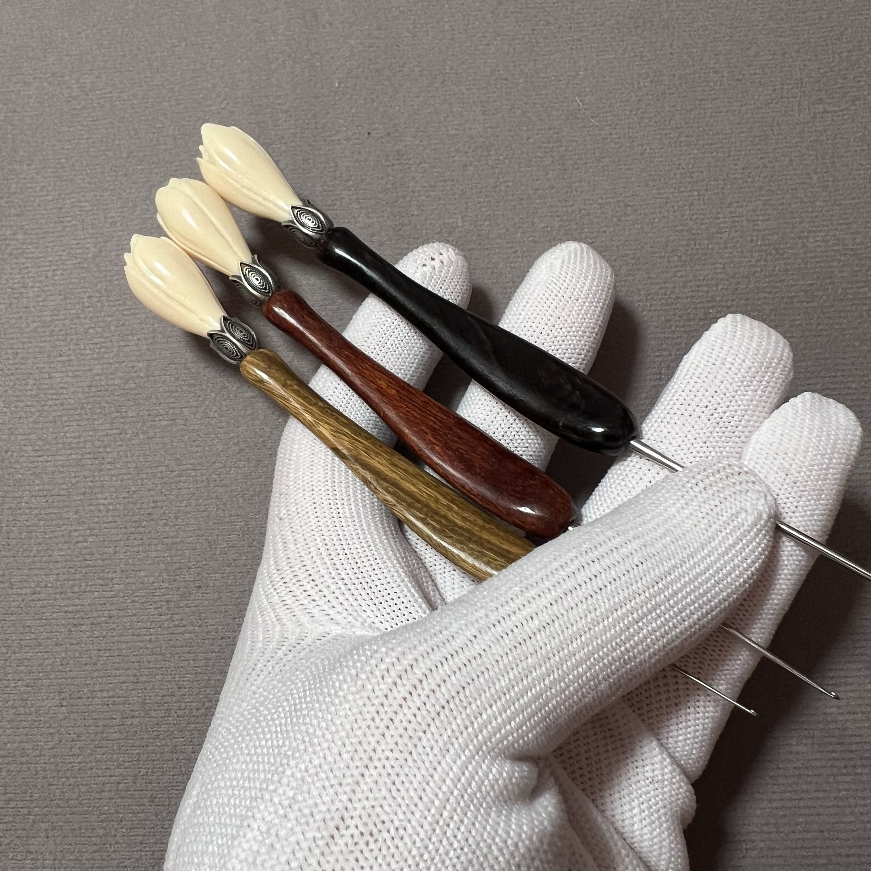 周九糖钩针玉兰花象牙果手工雕刻复古925银钩针柄七针坊金岚针头