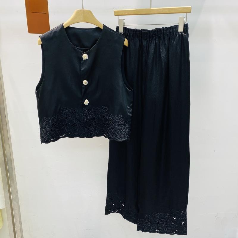新款马甲阔腿裤套装时尚蕾丝拼接无袖坎肩马夹上衣休闲裤两件套