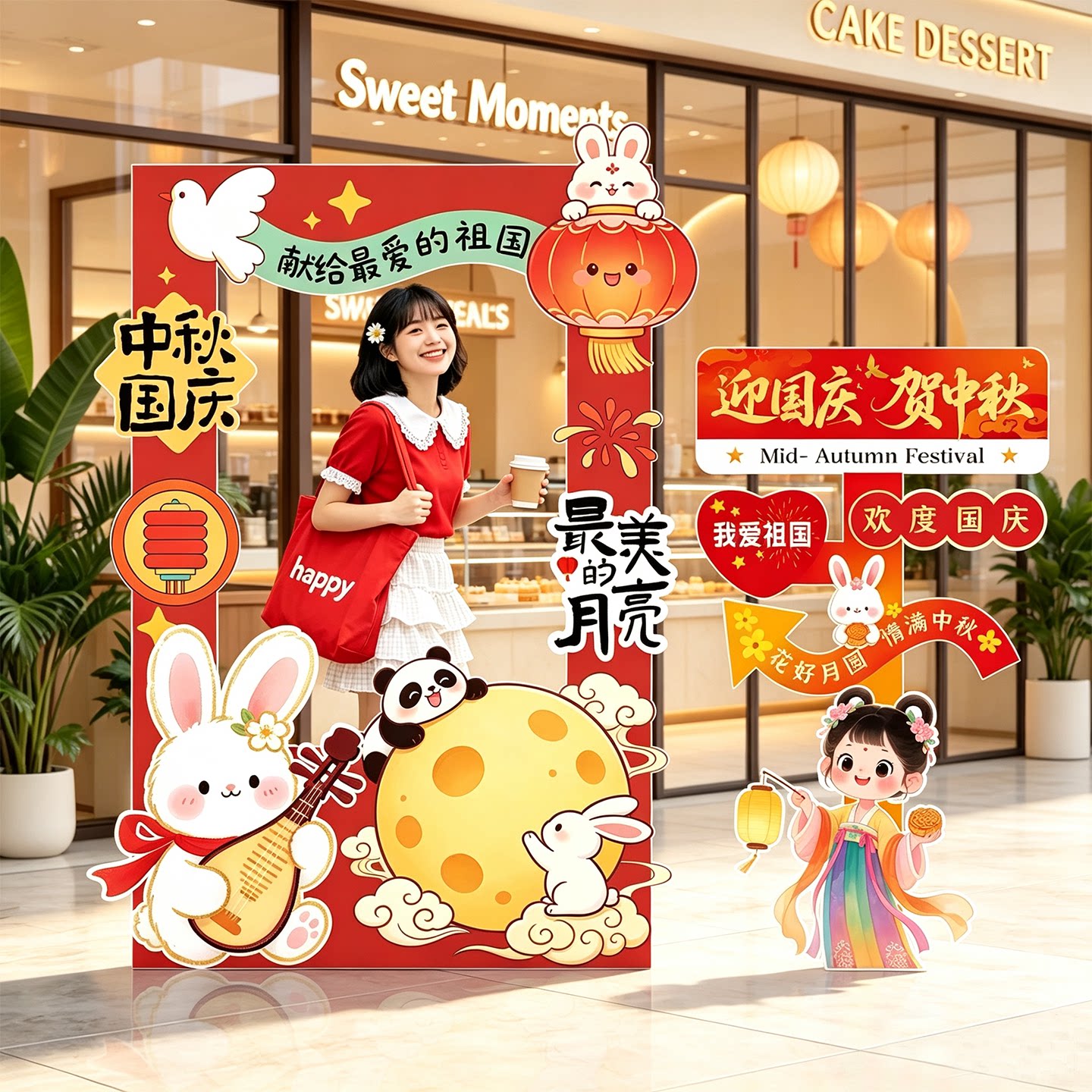 中秋国庆氛围布置商场门店双节活动场景装饰美陈摆件kt板立牌道具