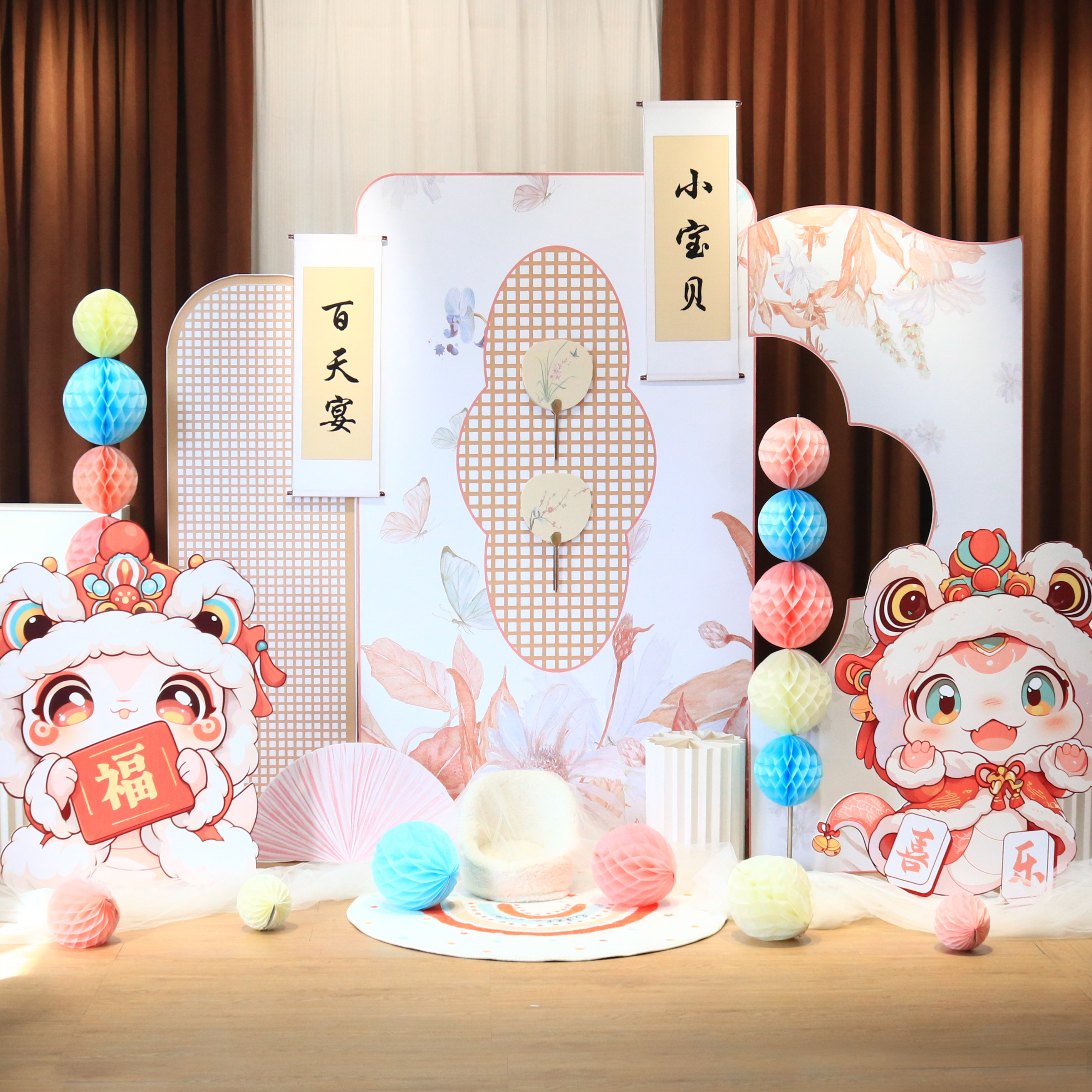新中式粉色宝宝宴满月酒百日宴布置酒店kt板定制婴儿100天背景墙