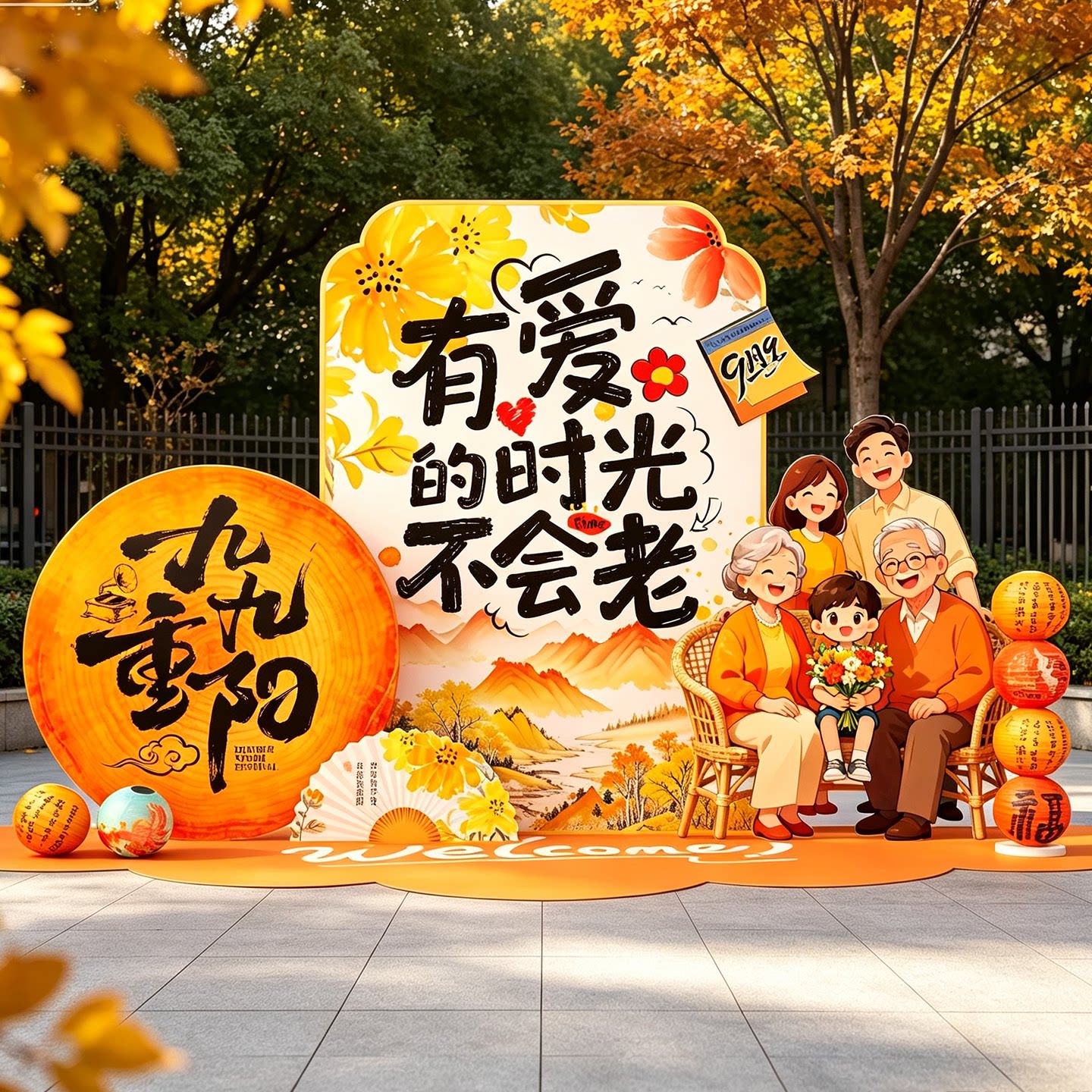 九九重阳节场景布置敬老院活动装饰养老院气球氛围美陈kt板背景墙