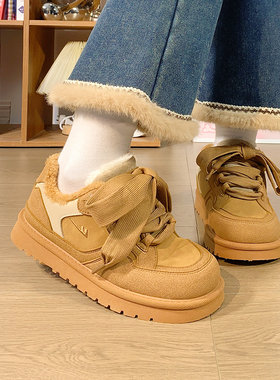 回力女鞋棕色复古加绒板鞋女冬季新款毛毛二棉鞋子百搭保暖休闲鞋