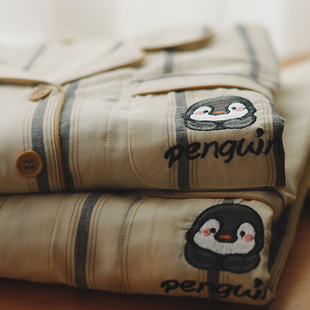 纯棉纱布简约卡通企鹅薄款睡衣春夏短袖长裤男女士情侣家居服套装