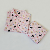 女士家居服套装 纯棉纱布可爱卡通软糯格纹小猫睡衣春秋冬长袖 长裤