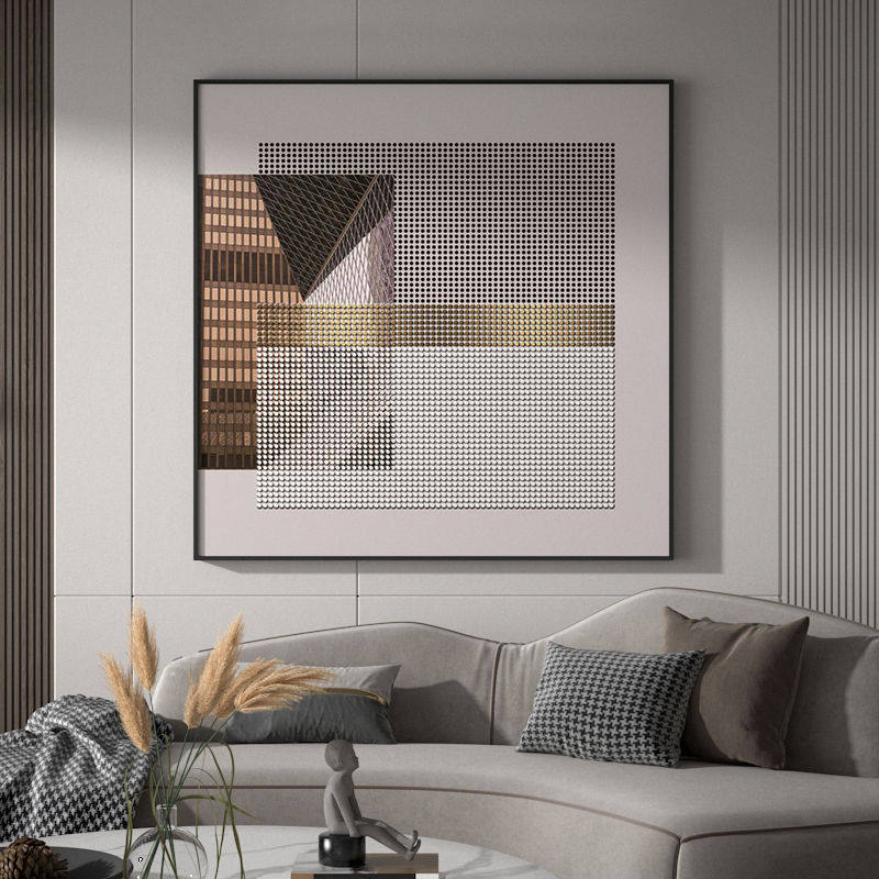 现代轻奢客厅餐厅玄关装饰画抽象城市方格艺术背景墙壁方型挂画