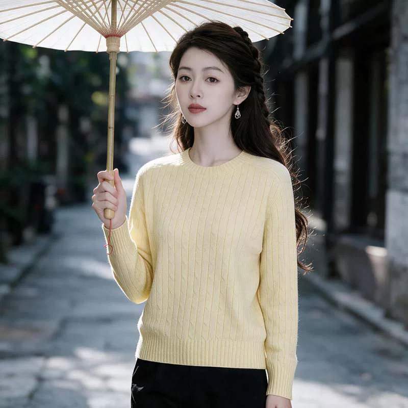 爱莱忆绵羊毛圆领套头毛衣女冬季新款简约通勤羊毛绞花针织衫