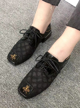 粗跟小皮鞋英伦风镂空透气系带