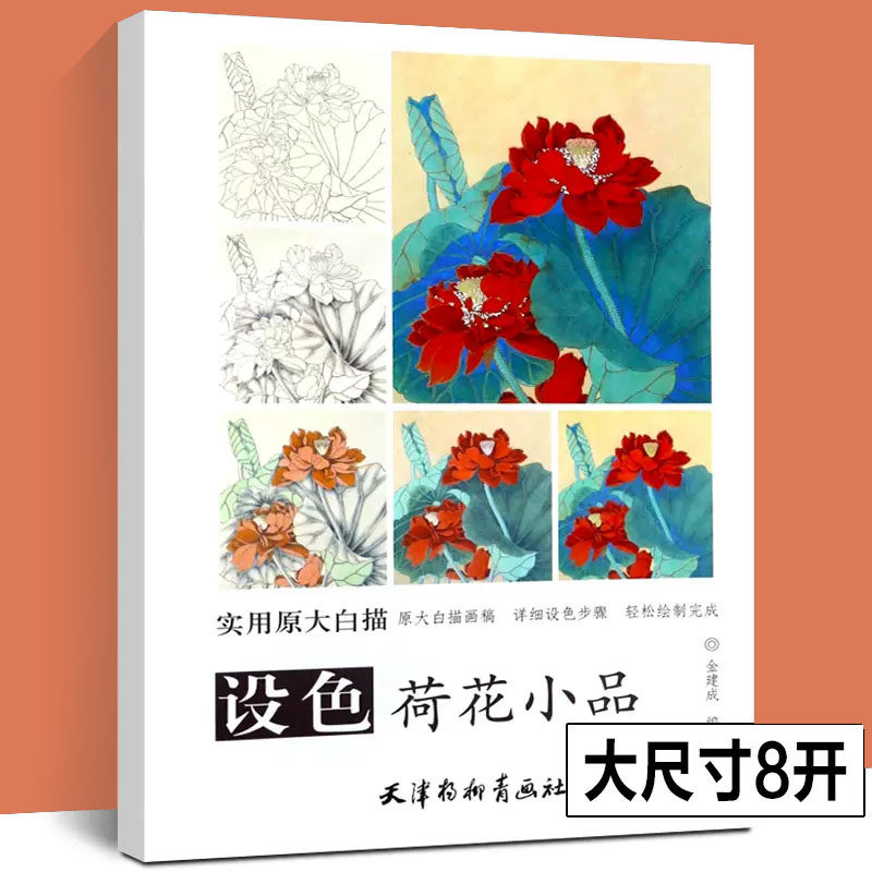 正版设色荷花小品实用原大白描金建成绘 上色步骤图工笔画白描底稿