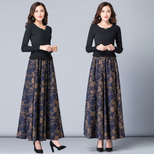 2025秋冬季新款印花高腰加厚半身裙女中长款大码A字大摆跳舞长裙
