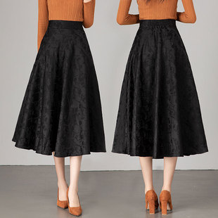 黑色半身裙女秋冬2025新款提花中长款高腰A字裙气质显瘦大摆伞裙