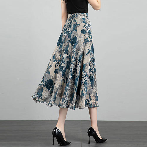 夏季新款雪纺印花中长A字半身裙