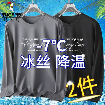 啄木鸟夏季新款男士薄款网眼长袖T恤休闲宽松大码圆领冰丝运动衫