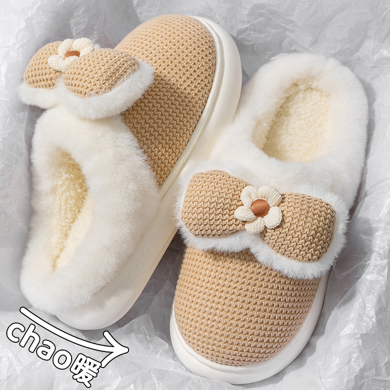 蝴蝶结棉拖鞋女款秋冬天2025新款室内家居防滑厚底保暖毛毛绒拖鞋