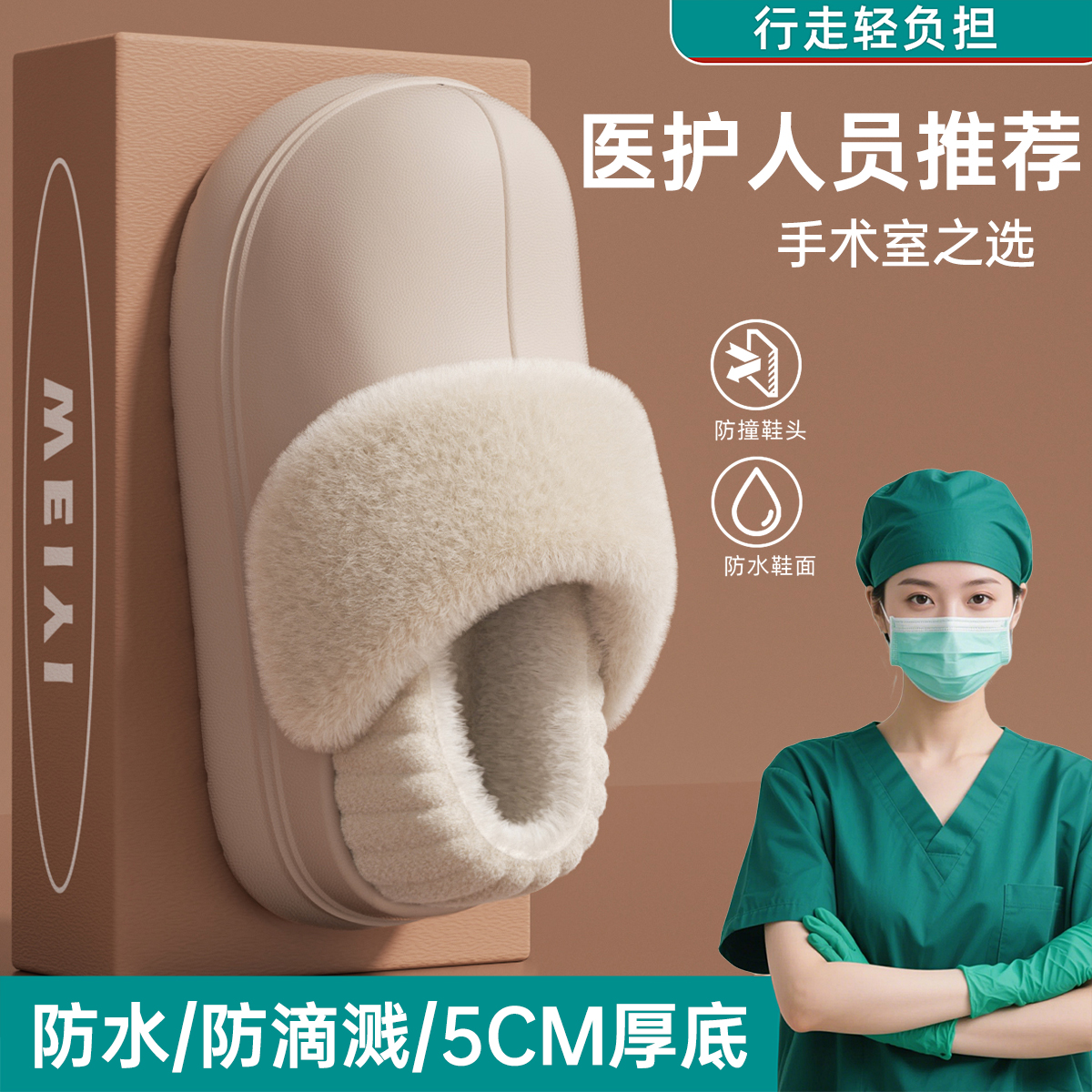 医用手术室防水棉拖鞋女士2025新款冬季外穿可拆卸厚底包跟棉鞋女