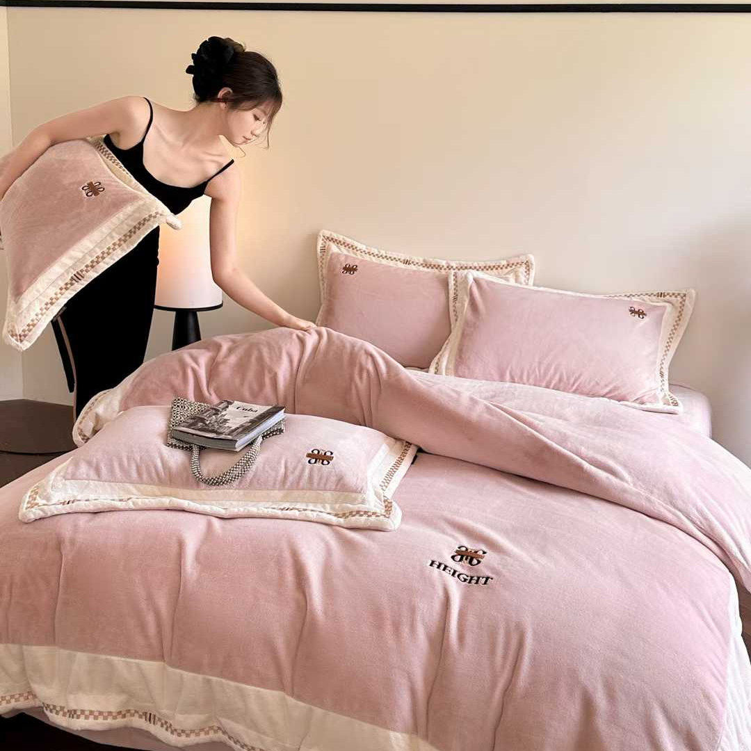 高档轻奢加厚牛奶绒四件套床单式刺绣简约水貂绒保暖床上用品冬季