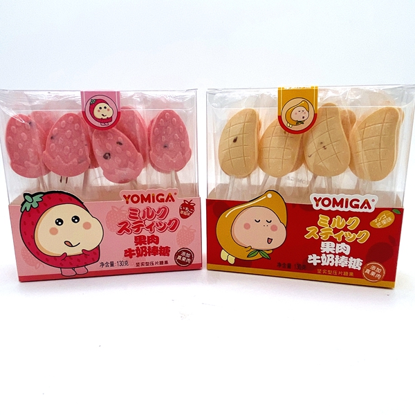 YOMIGA芒果果肉牛奶棒棒糖草莓果肉味130克独立小包12支儿童零食