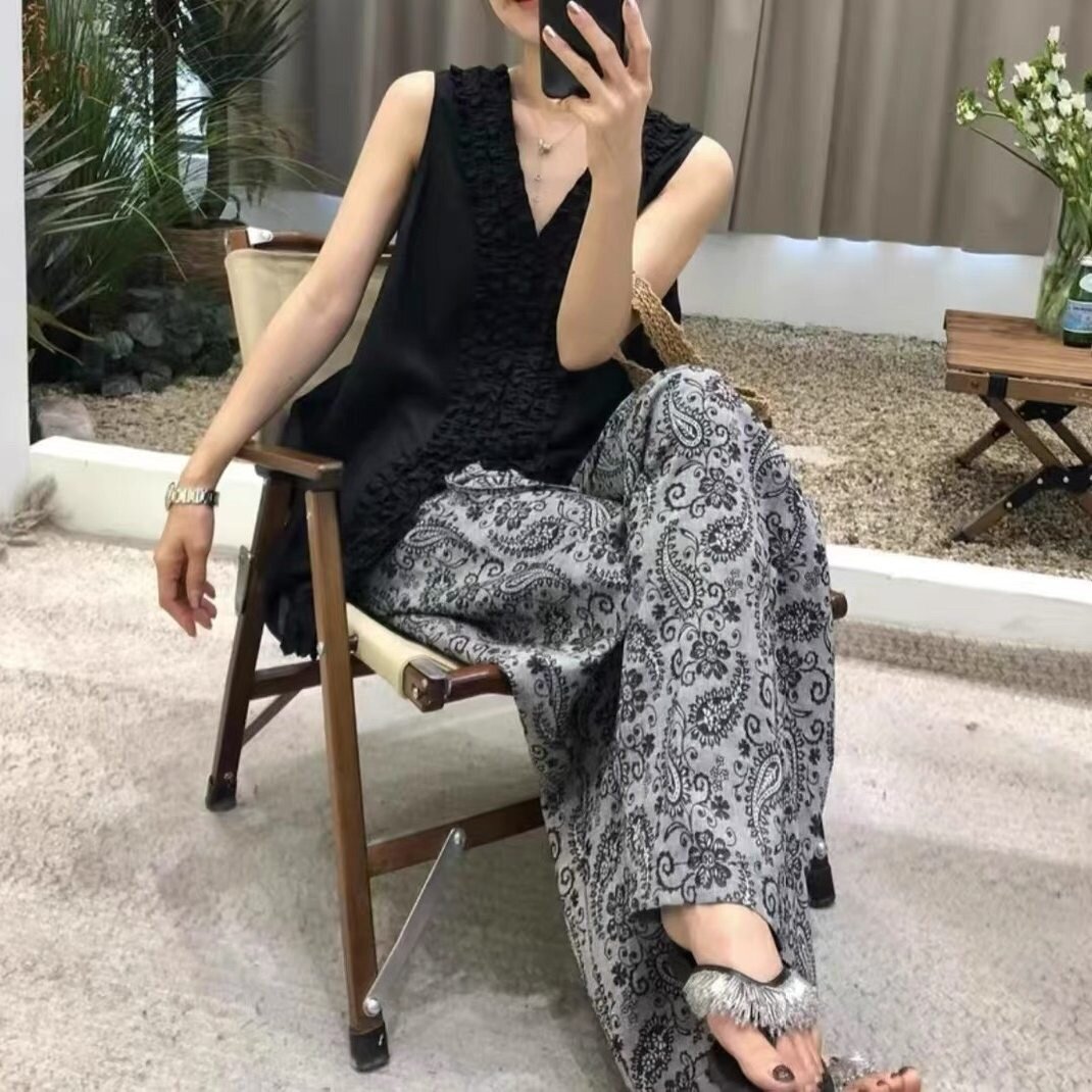 轻薄休闲裤女印花裤阔腿裤新款裤子遛弯裤夏日腰果女花色长裤高级