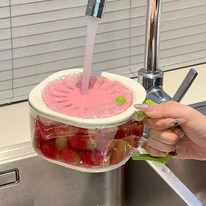 奶油风沥水篮洗果蔬神器双层带盖子厨房可折叠多功能果盘沥水盒家