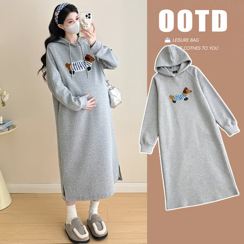 孕妇春秋连帽卫衣裙中长款连衣裙