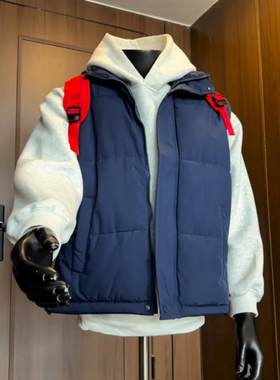 蓝色立领马甲棉服男秋冬款加厚保暖潮牌背心外套男搭配卫衣棉坎肩