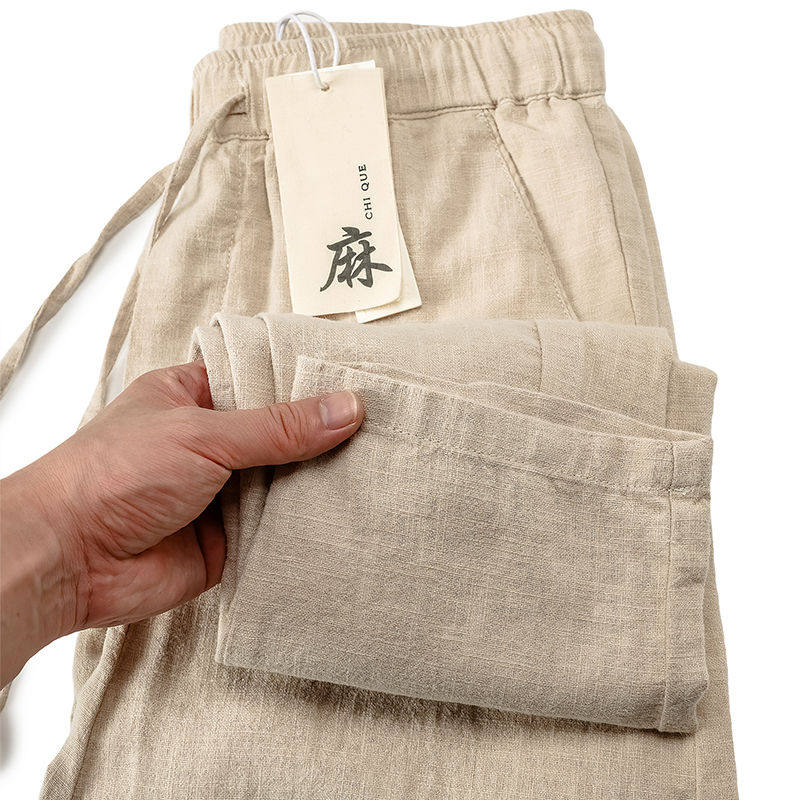棉麻九分裤男士直筒宽松夏季薄款松紧腰白色中国风亚麻休闲裤子男图片
